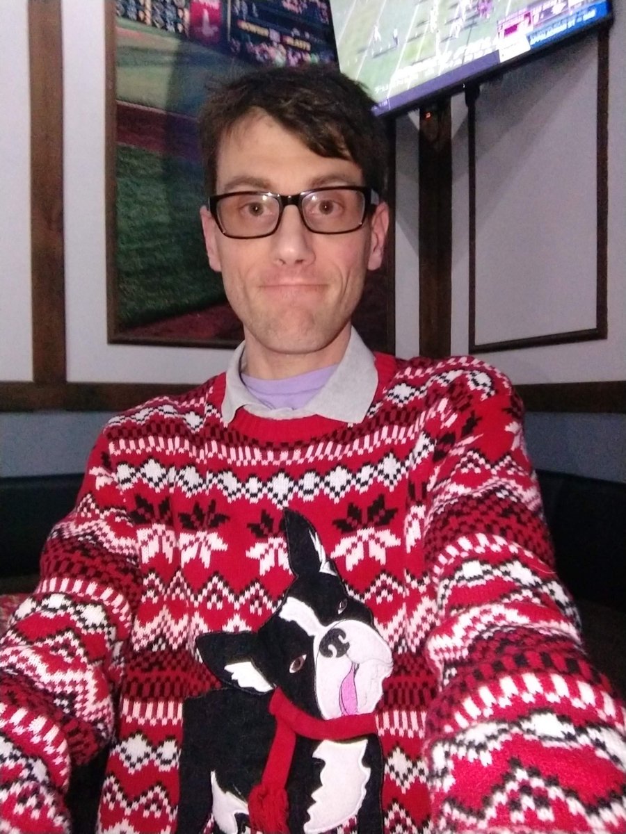 pghjoseph's tweet photo. Yesterday afternoon, me and Nicholas Ciesielski wore our red Boston Terrier sweaters to Railyard Grill and Tap Room in Bridgeville. We have owned the sweaters for one year ... and they turn us into "stylish dudes." I also got to meet Santa while I was there. #MatchingSweaters https://t.co/J8oDfspj39