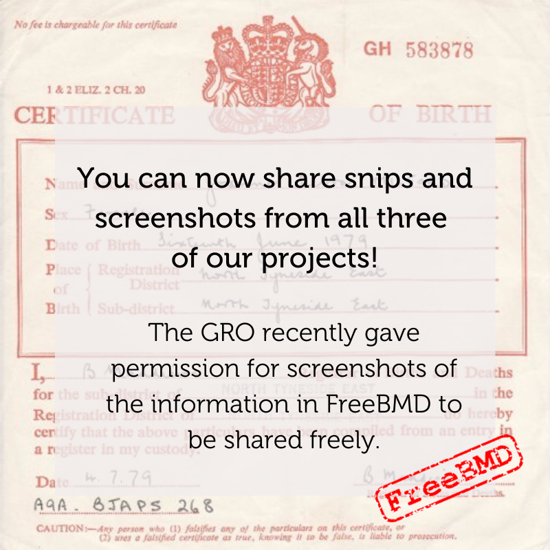 FreeUKGen's tweet photo. There are now no restrictions on images grabbed from any of our websites. So feel free to share your family history discoveries from #FreeREG, #FreeCEN and #FreeBMD! https://t.co/tk8UEWFlPt