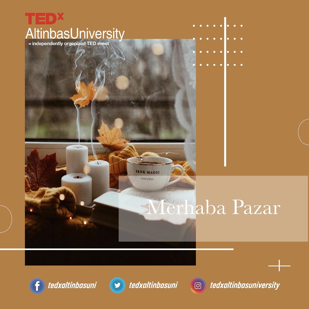 tedxaltinbasuni's tweet photo. Yoğun geçen bir haftayı daha geride bıraktığımıza göre herkese mutlu pazarlar ❌💥 Yapmaktan keyif aldığın aktivitelerle günün tadını çıkarmayı unutma! 😉
#tedx #tedxteam #tedxaltinbasuniversity #tedofficial #pazar #haftasonu #altinbasuniversity
Tasarım ekibi: Betül Karatürk https://t.co/FEU1nbSyaK