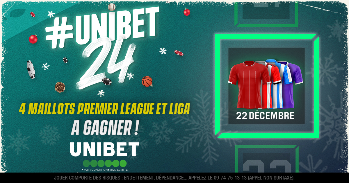 UnibetFrance's tweet image. 🎄 #UNIBET24 - JOUR 22 🎅

👕 4 maillots de Premier League et de Liga à gagner ! 

➡ RT + Follow @UnibetFrance 🤞

🍀 TAS Jeudi 26