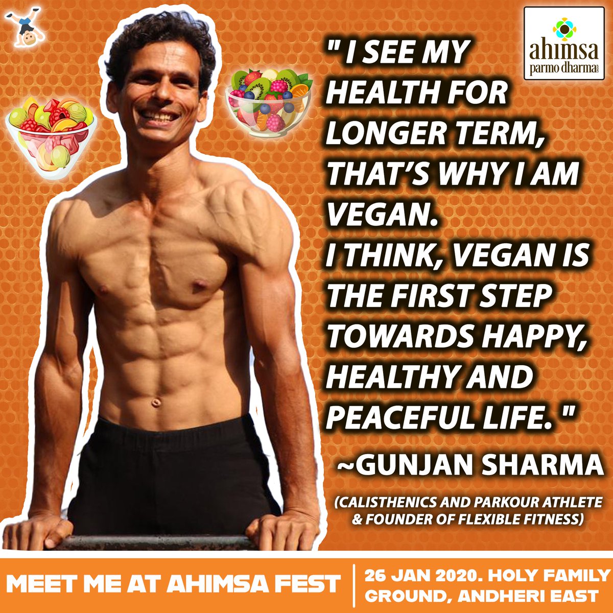 TheAhimsaFest's tweet photo. Meet one of Indias top parkour and calisthenics athlete - Gunjan Sharma at the Ahimsafest 2020! BTW - he also happens to be a #Vegan, and is truly a Game Changer athlete. https://t.co/WXRyjFUC2H