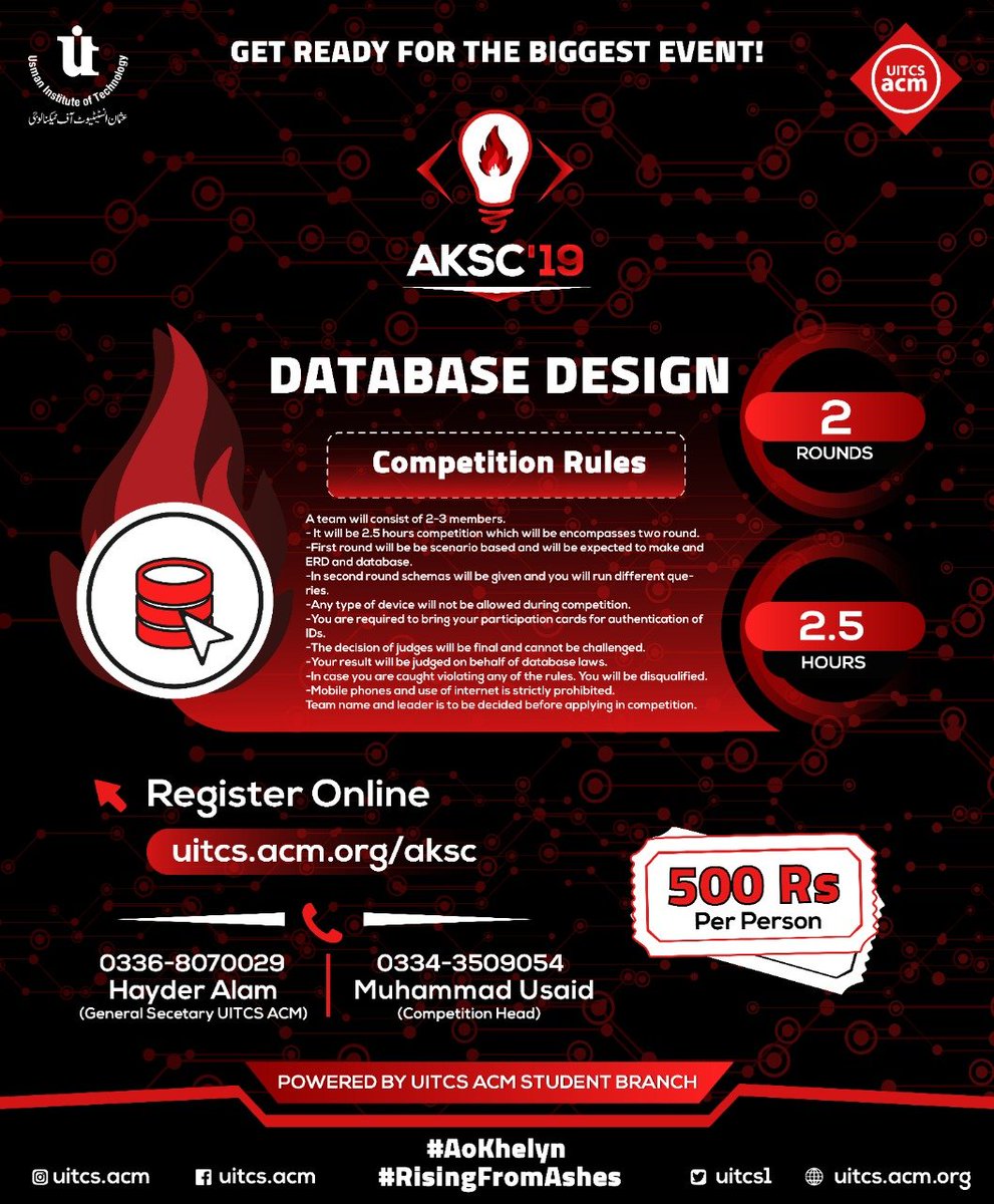 Uitcs1's tweet photo. For every competition lies its rules and regulations, and here are ours.

Get yourself registered now before it's too late.
Link: https://t.co/qWYY2X3mqj

#AKSC19
#AoKhelyn
#RisingFromAshes
#KarachiEvents #TechEvents #Karachi #Debug #Idea #Pitch #Innovative #Coding #Workshops https://t.co/oVh9i6m0Ly
