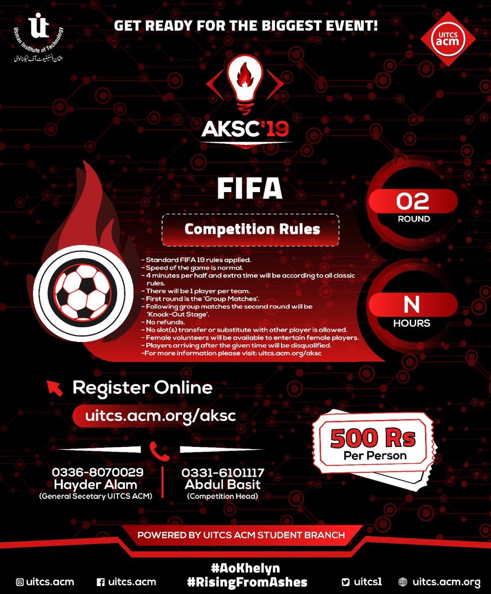 Uitcs1's tweet photo. For every competition lies its rules and regulations, and here are ours.

Get yourself registered now before it's too late.
Link: https://t.co/qWYY2X3mqj

#AKSC19
#AoKhelyn
#RisingFromAshes
#KarachiEvents #TechEvents #Karachi #Debug #Idea #Pitch #Innovative #Coding #Workshops https://t.co/oVh9i6m0Ly