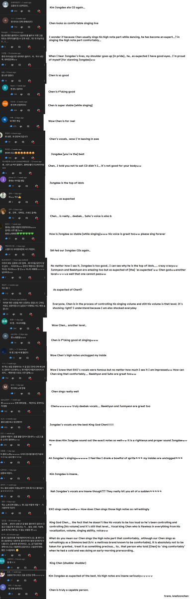 [Comments] from a Youtube video showcasing the live singing skills of #CHEN, Baekhyun, and Suho. We noticed that most of the comments were about Jongdae so we decided to compile them ^w^

Video: youtube.com/watch?v=H2eHjr…