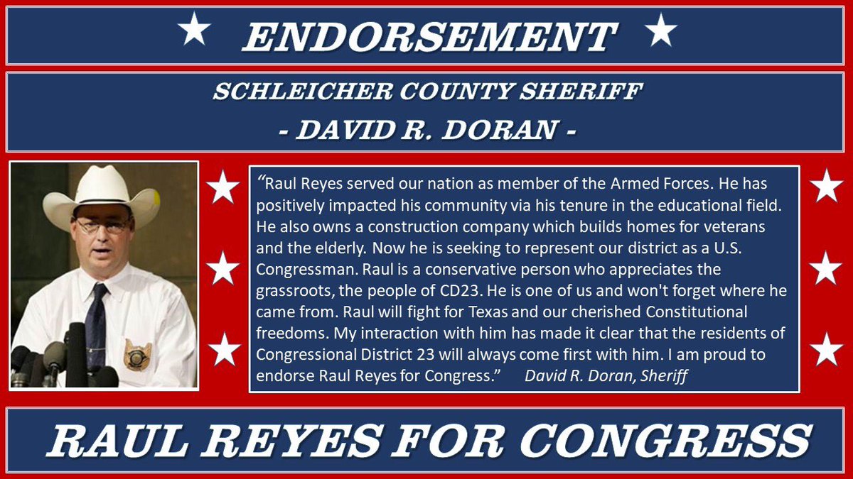 RaulReyesJr's tweet photo. Thankful to have Sheriff David Doran of Schleicher County, endorse my candidacy for U.S. Congressman. I’m humbled to receive an endorsement from another renown West Texas Lawman. God Bless Sheriff Doran, his personnel and the great people of Schleicher County! #vote4raul https://t.co/9PRkEukyhn