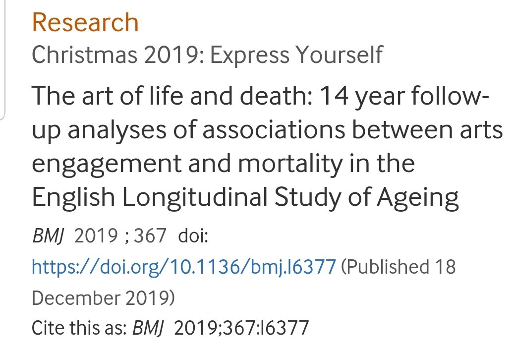 Ayda 1 kez tiyatro,konser gibi sanatsal etkinliklere katılanlarda hiç katılmayana göre %34 daha az ölüm oranı görülmüş.

Yılda 1 kez gidenlerde bile hiç gitmeyene göre %14 daha az ölüm oranı saptanması bize şunu  anlatıyor:

Kendinize vakit ayırmayı ihmal etmeyin,sanatı sevin😊