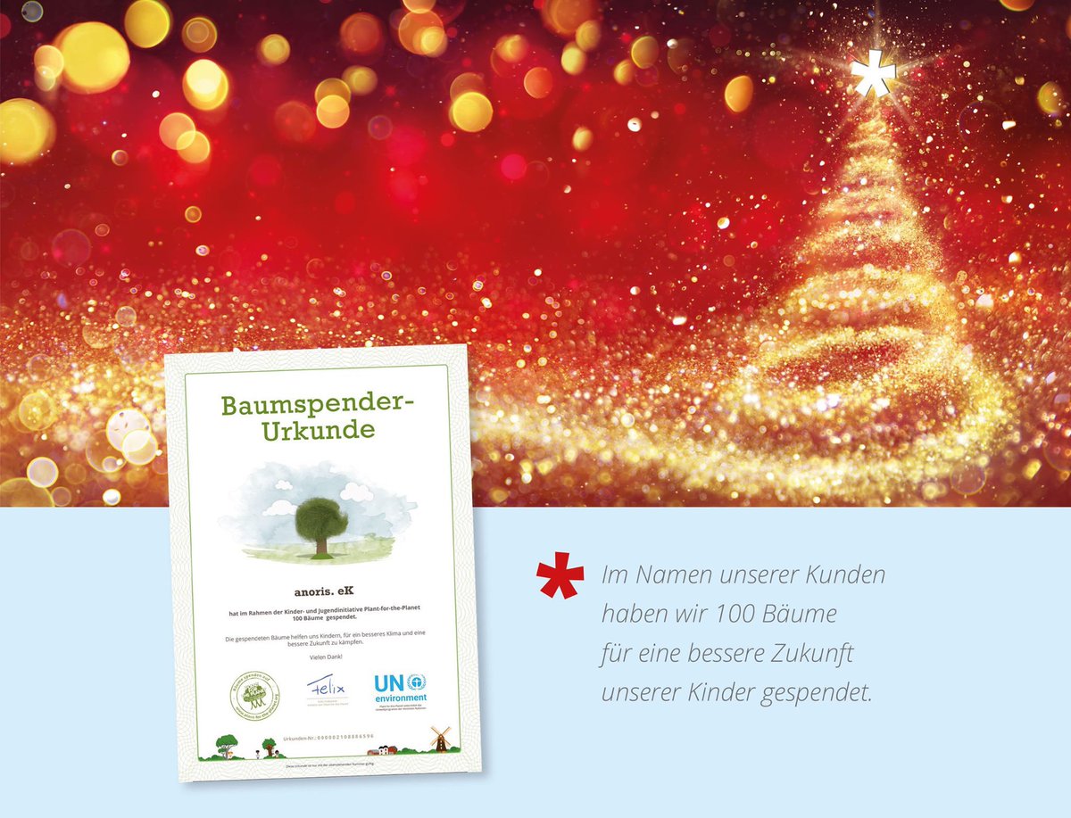 Wir wünschen frohe Festtage sowie viel Glück, Erfolg und Gesundheit im Jahr 2020!

Weihnachten ist die Zeit zum Teilen. Auch dieses Jahr unterstützen wir ein Projekt. Im Namen unserer Kunden haben wir dieses Jahr 100 Bäume für eine bessere Zukunft unserer Kinder gespendet.