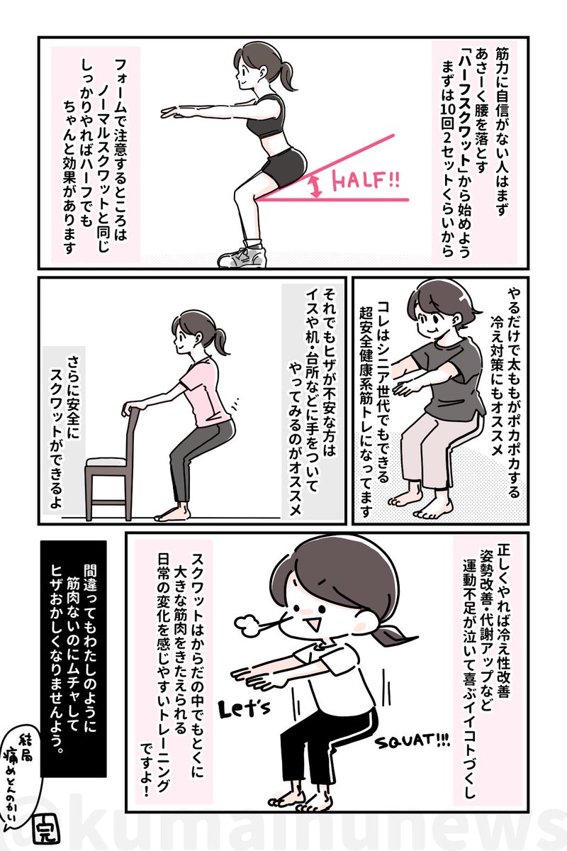 先日の30日スクワットから気づいたスクワットのフォームメモと、ヒザが心配な初心者さん向けの軽めスクワットを紹介したレポ漫画です。
最初は回数少なめでいいから正しいフォームで!慣れてきたら自分の筋力と相談して。そうすればヒザも痛めにくい??