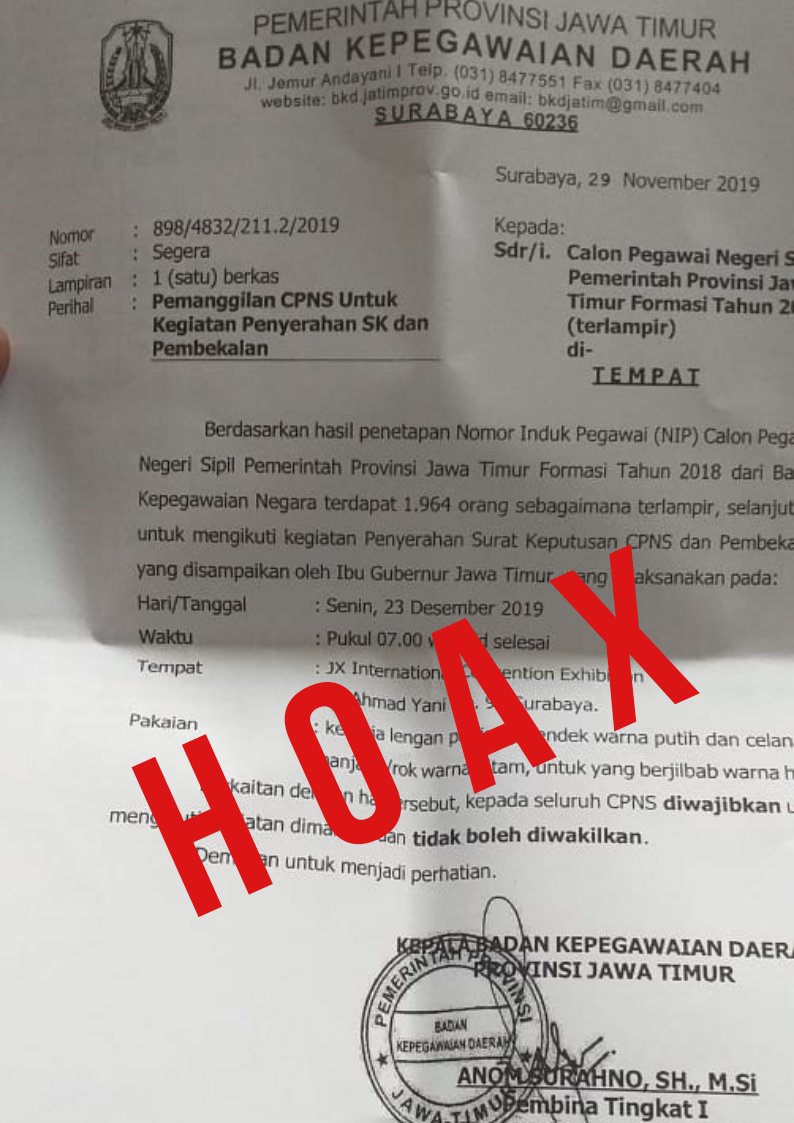 bkdjatim's tweet photo. WASPADA PENIPUAN!!!!
Beredar Surat Pemanggilan CPNS untuk penyerahan SK dan Pembekalan. Surat tersebut TIDAK DIBUAT dan DIEDARKAN oleh BKD Provinsi Jawa Timur

#SobatJatim please RT dan selamatkan teman2 dari bahaya penipuan oleh oknum yg tidak bertanggungjawab!!!
#penipuancpns https://t.co/NaAESZx3p3