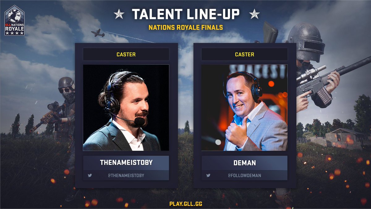GLL #NationsRoyale EMEA Consolidation Finals starts in 20 mins! 

🇩🇪 Germany vs Czechia 🇨🇿
🎙️ <a href="/TheNameIsToby/">TheNameIsToby🎙️</a>
🎙️ <a href="/FollowDeman/">Leigh Smith</a>
📺 twitch.tv/GLL 

#GLL #PUBG