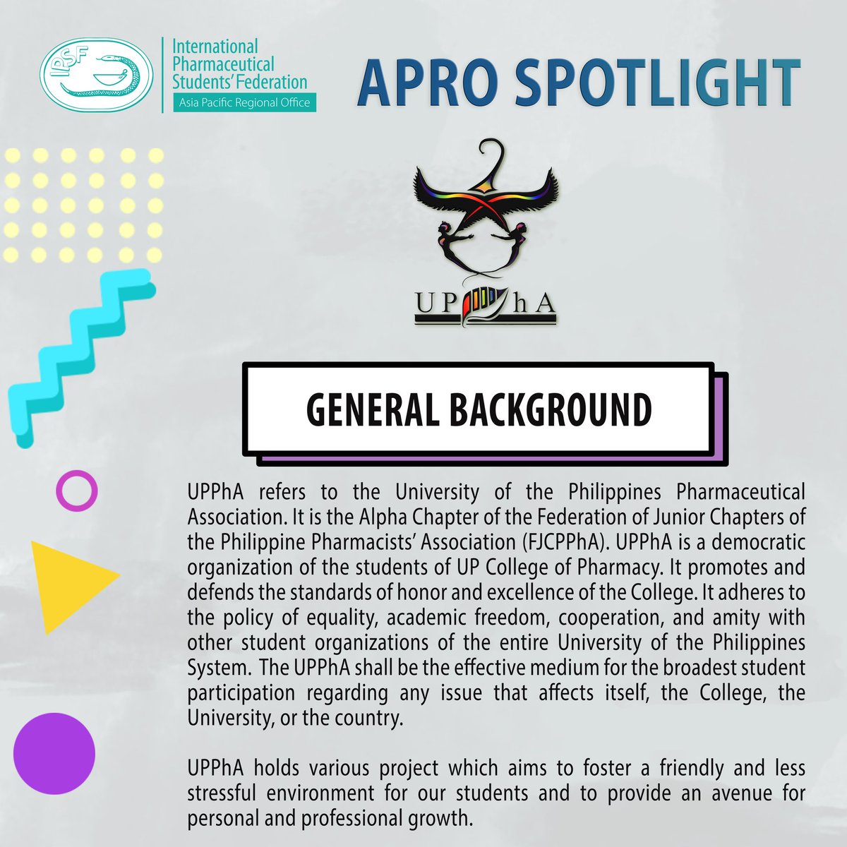 IPSFAPRO's tweet photo. [IPSF APRO Spotlight-Member Organisations Branding // Introduction of UPPhA, Philippines]

UPPhA refers to the University of the Philippines Pharmaceutical Association. It is the Alpha Chapter of the FJCPPhA.

#APROSPOTLIGHT  
#MemberOrganisationBranding
#UPPhAPhilippines https://t.co/61NzPsEGxb