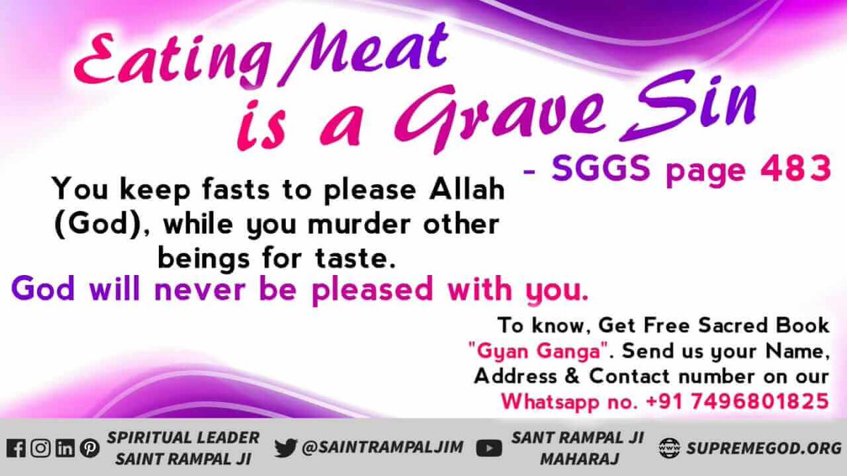 Aadhya009's tweet photo. #Shame_On_NonVegetarians
भगवान ने मनुष्य को मांसाहारी भोजन खाने का आदेश नहीं दिया है - पवित्र बाइबल।
Meat Eaters are sins.
- Saint Rampal Ji Maharaj
@DDouble2K 
@NewsWorldIN 
@ramzan_alnaimi https://t.co/oJy534lM71