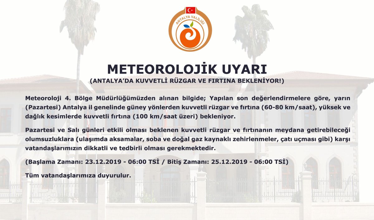 AntalyaValilik's tweet photo. Meteorolojik Uyarı! https://t.co/cr3HYClZWX
