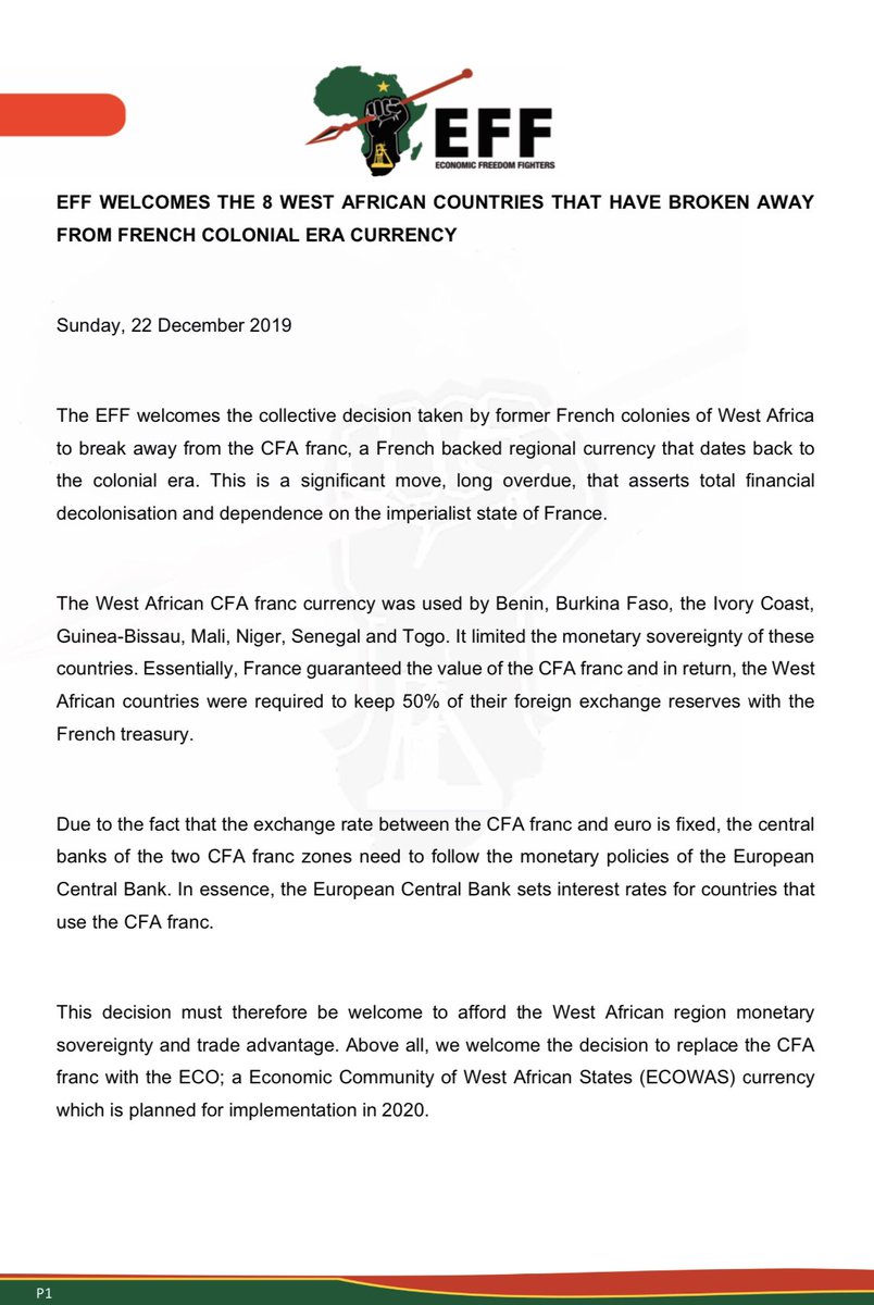 EFFSouthAfrica's tweet photo. EFF Welcomes The 8 West African Countries That Have Broken Away From French Colonial Era Currency. https://t.co/G0FBQVIBKq