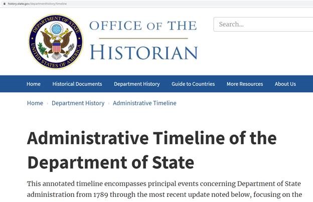 Screenshot of the Office of the Historian web page for the Administrative Timeline of the Department of State