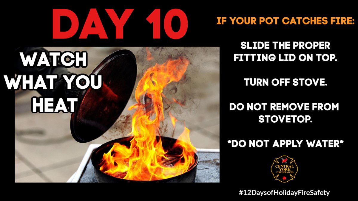 CentralYorkFire's tweet photo. DAY #10 of #12DaysofHolidayFireSafety
👀WATCH WHAT YOU HEAT👀
Unattended cooking is the leading cause of house fires in Ontario.
If your pot/pan catches fire, slide the proper fitting lid on.
#CookingFires #Fire #FireEducatorsYork
(For contest details, see link in bio.) https://t.co/EjUWQvFQuY
