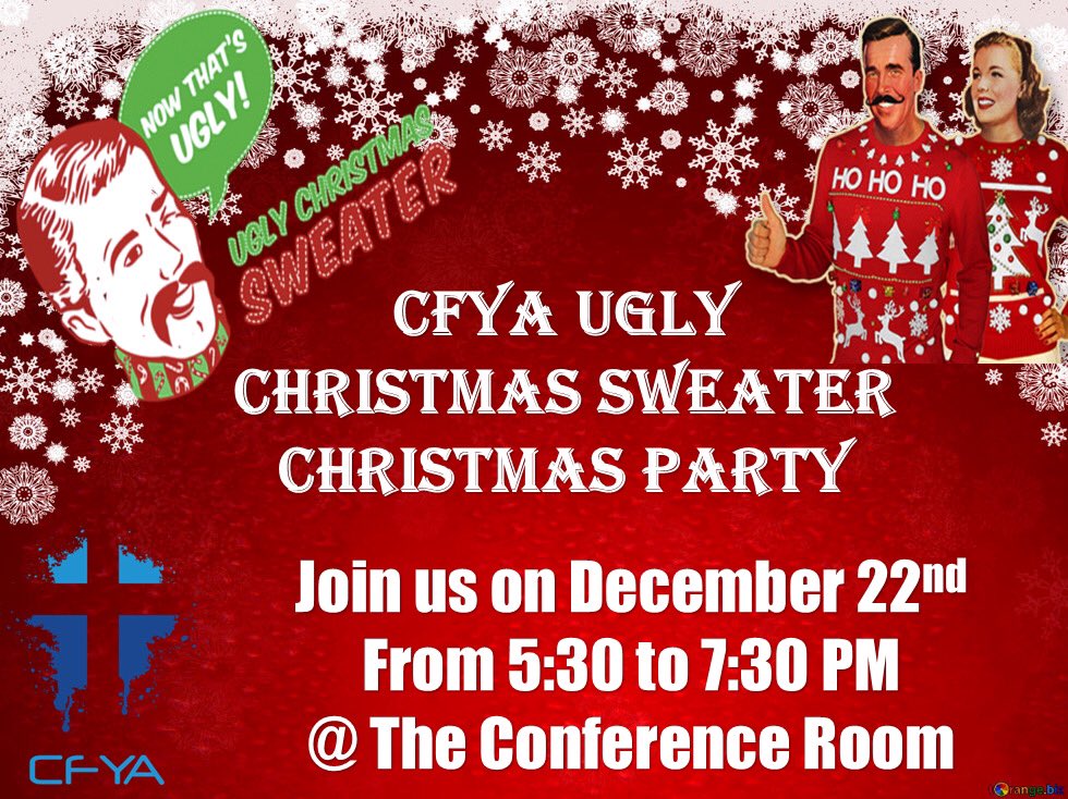 CatholicFYA's tweet photo. CFYA is concluding the Advent series with an Ugly Sweater Christmas Party TODAY!!! From 5:30-7:30 pm in the Conference room. All young adults are invited, whether or not you’ve attended any of the meetings. It is a potluck celebration so bring your favorite dish to share. https://t.co/tVqGpNJDWI
