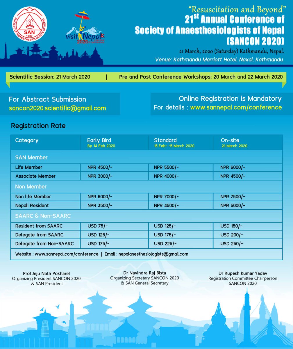 SAN_Anesthesia's tweet photo. SANCON 2O2O Registration is OPEN !

For registration,  please login to https://t.co/6UUQzV6OTB and click on the "Conference Online Registration" button to complete it.

Lets celebrate Visit Nepal 2020 along with our Mega scientific gathering in SANCON
#SANCON2020 #VisitNepal2020 https://t.co/HFPj6aAQyt