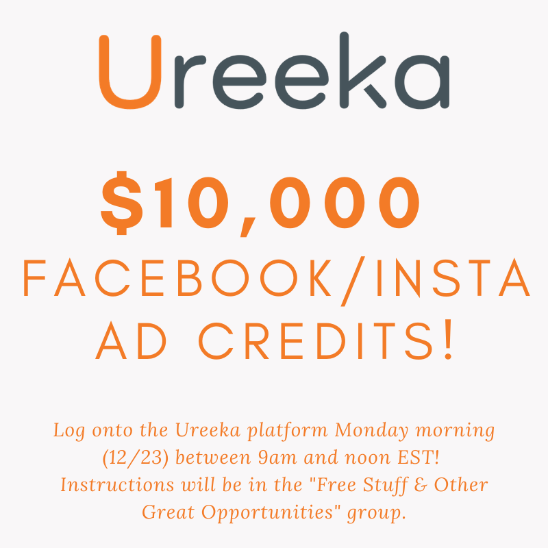 ZenBusinessCmty's tweet photo. We’re giving away $10k in FB/Insta ad credits! Attend Melissa Bradley’s office hours on #Ureeka - Monday from 9:00am-12:00pm EST in Free Stuff & Other Great Opportunities. Not a Ureeka member? Go to https://t.co/ezWGwdp70x, use code ‘UreekaBeta’ for free registration. #ureeka https://t.co/iRzVpeFjA8