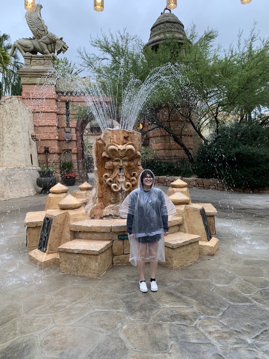 Ruth testing out her poncho at universal
