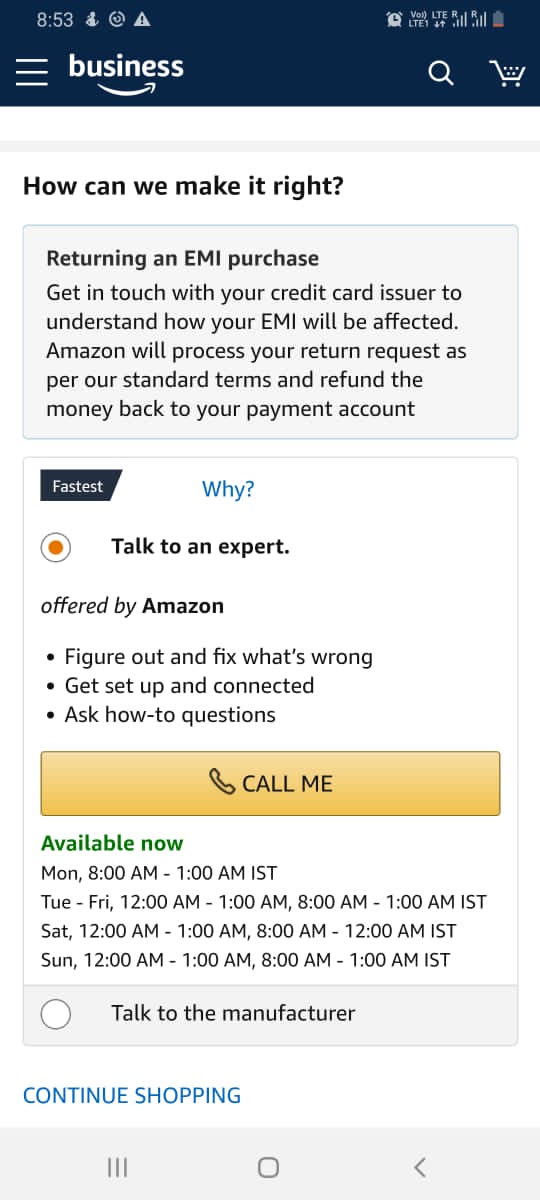 Prashant_Sawab's tweet photo. @AmazonHelp This lands us to the below page where it Faciliate us to talk to your executive. But he is not helping us. Neither allowing us to return/replace the order.

#poorservice
#disappointed
#cheated https://t.co/T4b1JufFjS