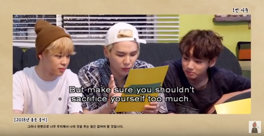 when bts read each others fortune cards, and one if the fortune cards said that the person will help friends and family when they are in trouble, yoongi said he thought it was jk. and when it said to not to sacrifice themselves to much, jin promptly said he thought it was jk ++