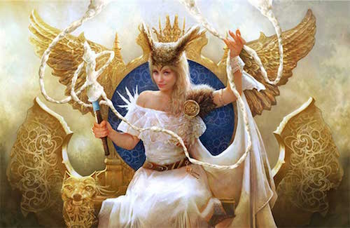 LE_Mythologie's tweet photo. Freya means "lady" or "mistress". In Old Norse sources she's also addressed als "Gefn" (she, who gives), Mardöll (she, who makes the sea swell) or Sýr (sow). According to the "Ynglinga saga" Freya thaught the Æsir magic and is leader of the Valkyries. #folklore #aMythForSunday https://t.co/fpfYaxNotS