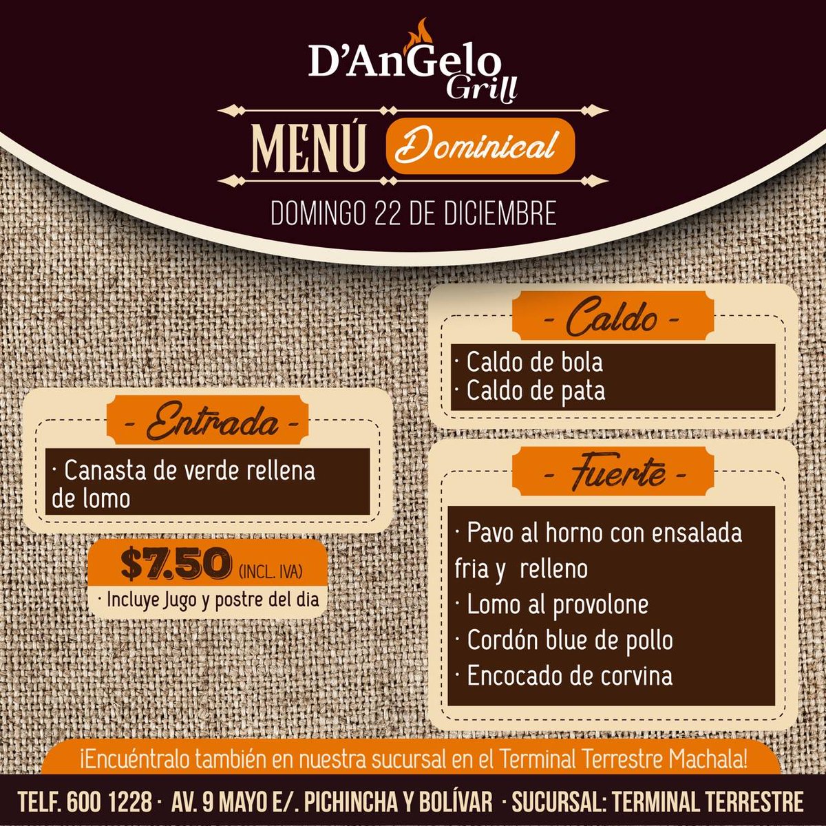 DAngeloGrill's tweet photo. Disfruta este menú dominical con tu familia o con amigos y no te quedes con las ganas de probar nuestras delicias.
Te esperamos. 🍖🥓
Av. 9 de Mayo e/. Pichincha y Bolívar
Sucursal: Terminal Terrestre
☎07-6001228
.
#Machala #Dangelogrill #MenuDominical https://t.co/jBv18mlKTc