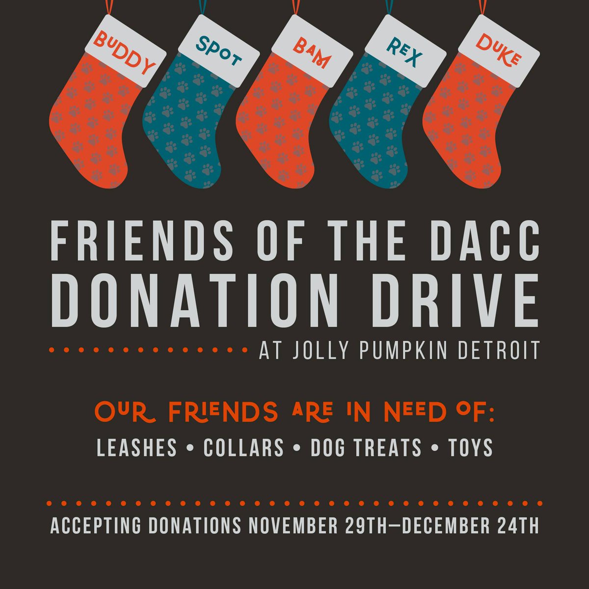Just a few more days to drop off donations for Detroit's Animal Control Center. When you help our our furry friends we'll give you a $10 voucher to use at Jolly Pumpkin Detroit!