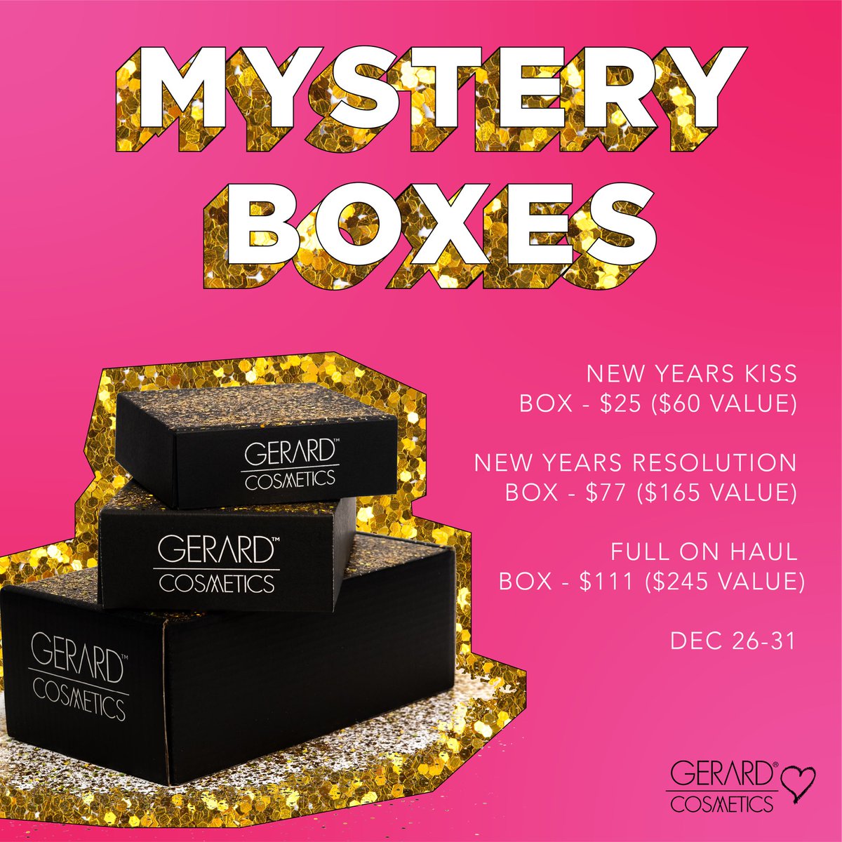 HYIMJEN's tweet photo. I am going to giveaway one of each @GerardCosmetics mystery box on New Year’s Day 💋🛍 To enter : Retweet and tag two friends . One of you and the people you tagged will win ❤️ https://t.co/WdRZ7mrESB https://t.co/X8AIVBSJRh