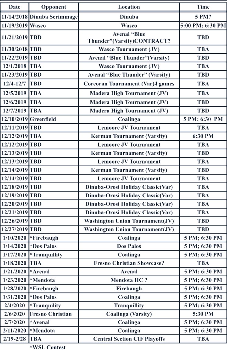 Girls Basketball Schedule 2019-2020 🏀