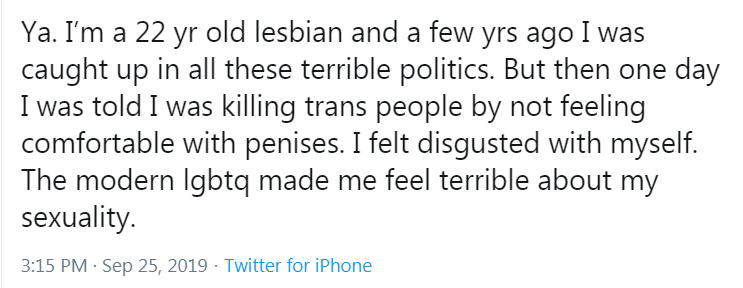 Young  #lesbians are part of the reason I resist the trans ideology. As a lesbian who came out in the 80s I have seen trans activists co-opt our struggles and orgs while shaming & guilt-tripping young lesbians into accepting "lady-cock" or even pressuring them into transitioning.