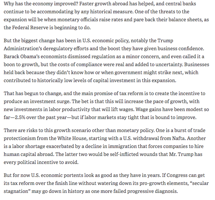 Dec 2017 "One of the threats to the expansion will be when monetary officials raise rates and pare back their balance sheets, as the Federal Reserve is beginning to do."  https://www.wsj.com/articles/the-economy-revs-up-1512777059