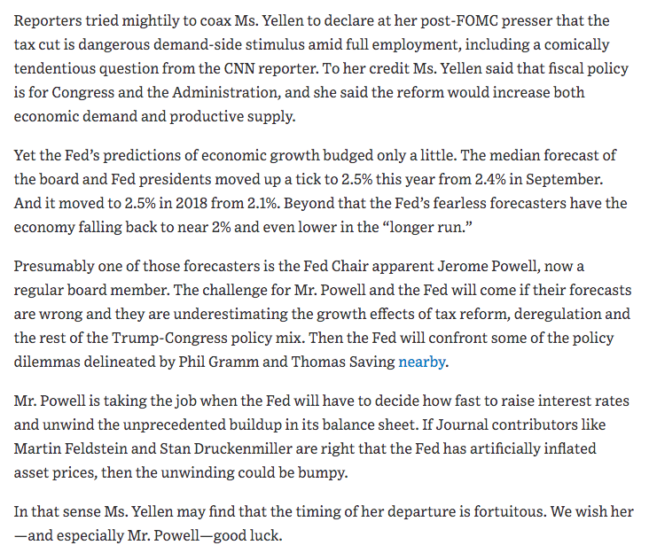 Dec 2017 "Yet the Fed’s predictions of economic growth budged only a little... Beyond that [2018] the Fed’s fearless forecasters have the economy falling back to near 2% and even lower in the 'longer run.'"  https://www.wsj.com/articles/yellens-fed-farewell-1513211061