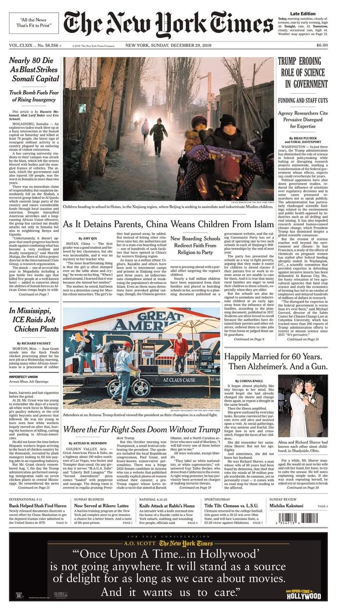SomPundit's tweet photo. The tragic and deadly attack in Mogadishu #ExConAttack  yesterday is on the front page of The New York Times. The headline is without a gruesome photo of the victims or distressed loved ones. Thank you @nytimes. 

Somali journalists lack Ethics and professionalism. https://t.co/AKtLuFOe3Z