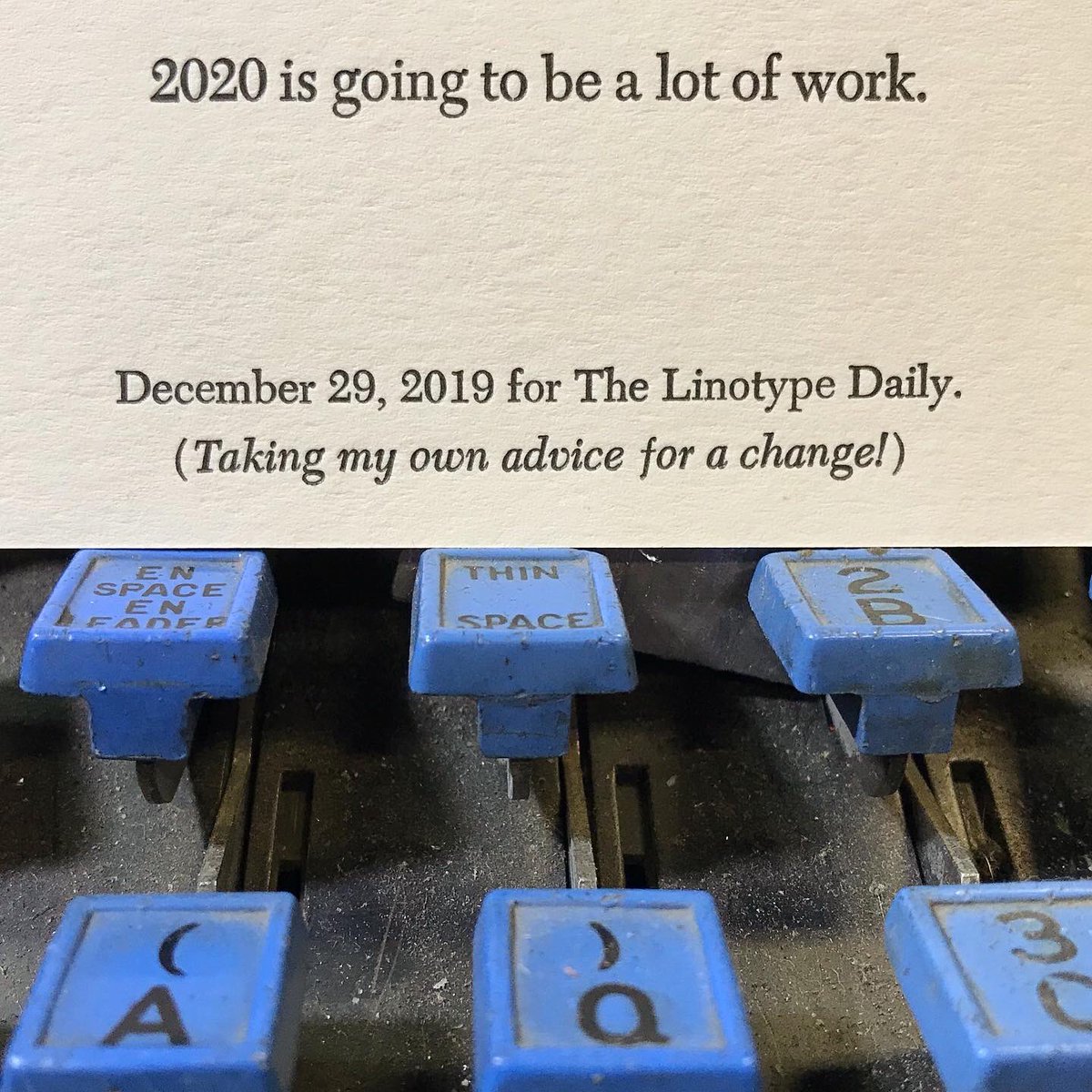 TLinotypist's tweet photo. Well, trying to take my own advice... #linotype #letterpress #rest #2020  #putonyourownoxygenmaskfirst #democracy #typecasting Cast in 9 and 12pt Caledonia and Caledonia Italic https://t.co/NriSq7DtjQ