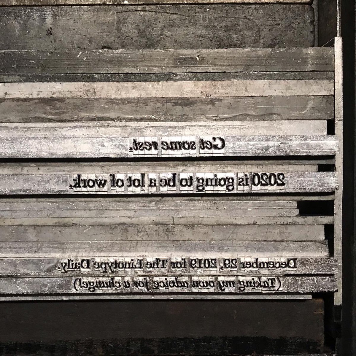TLinotypist's tweet photo. Well, trying to take my own advice... #linotype #letterpress #rest #2020  #putonyourownoxygenmaskfirst #democracy #typecasting Cast in 9 and 12pt Caledonia and Caledonia Italic https://t.co/NriSq7DtjQ