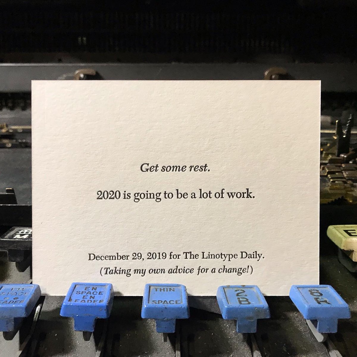 TLinotypist's tweet photo. Well, trying to take my own advice... #linotype #letterpress #rest #2020  #putonyourownoxygenmaskfirst #democracy #typecasting Cast in 9 and 12pt Caledonia and Caledonia Italic https://t.co/NriSq7DtjQ