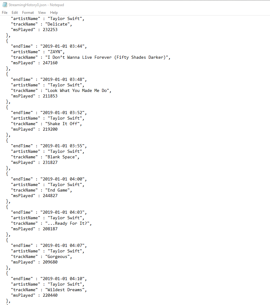 Screenshot of JSON data