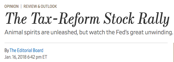 January 2018 "This is another way of saying that the biggest threat to growth and financial markets— Donald Trump’s trade agenda or a Speaker Pelosi aside—may be the Federal Reserve as it reverses Mr. Bernanke’s experiment."  https://www.wsj.com/articles/the-tax-reform-stock-rally-1516146165