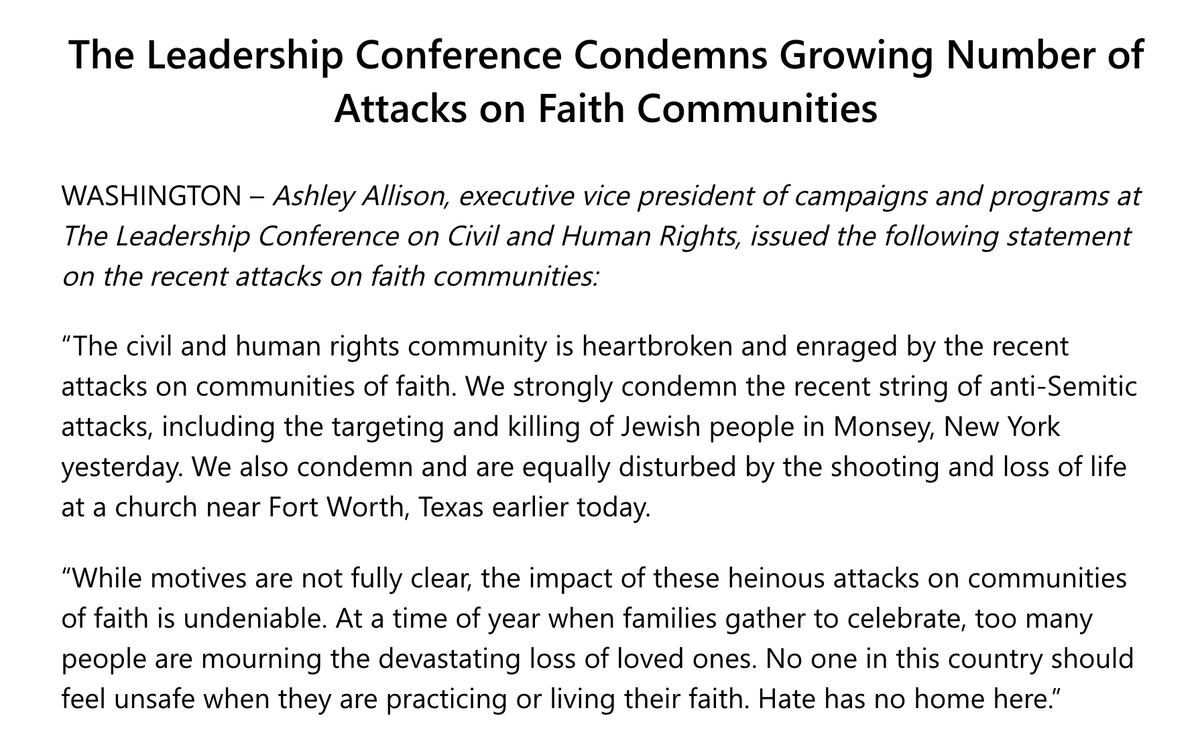 Screenshot of our statement condemning the growing number of attacks on faith communities. The full statement can be read at the link in the original tweet.