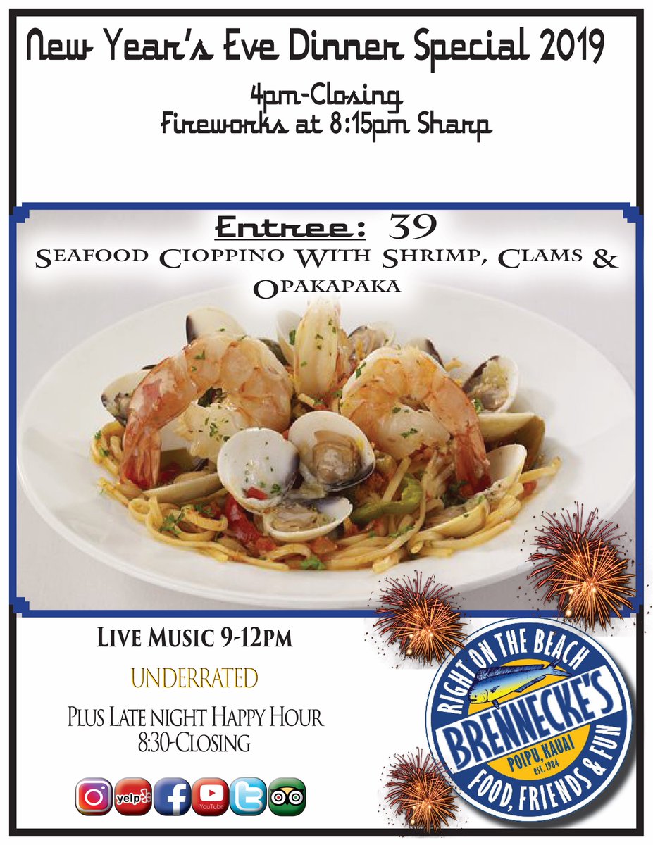 Our #NYE2019 #livemusic lineup and #dinnerspecial. #poipubeach #millionthmaitai #kauai #foodfriendsandfriends #fireworks #isthisenoughhashtagsyet