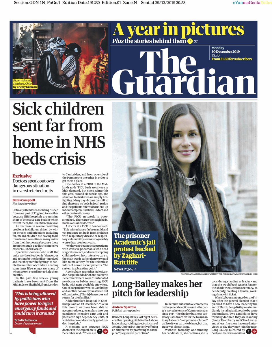 guardian's tweet photo. Guardian front page, Monday 30 December 2019: Sick children sent far from home in NHS beds crisis https://t.co/O9acERyKUl