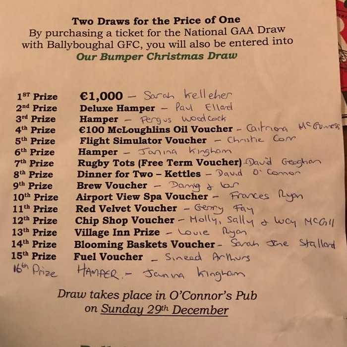 ballyboughalgfc's tweet photo. Congrats to all 16 Winners of our Club Draw tonight. We'll be in touch with all of our prize winners 🥳
Thanks to everyone who bought a ticket and helped raise funds for the Club this Christmas!
#BoughalAbú #NationalDraw #ClubDraw https://t.co/5RuIcWsu2Z