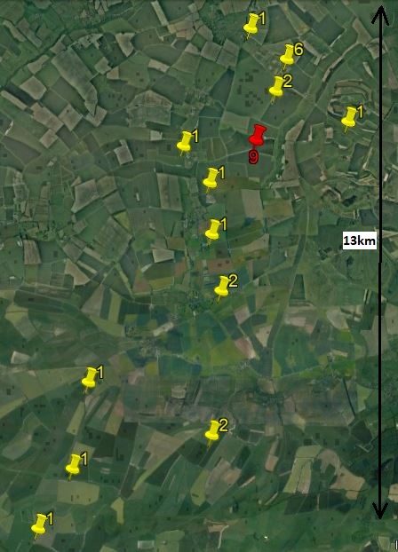 mattthesparrow's tweet image. Interesting session monitoring Sparrows on Marlborough Downs. 14 ringed &amp;amp; 33 retrapped with the local movements shown on the map showing nos ringed as nestlings &amp;amp; retrapped at the red site today. Total 125 birds caught included 3 superb Corn Buntings, a Kestrel &amp;amp; a Fieldfare.