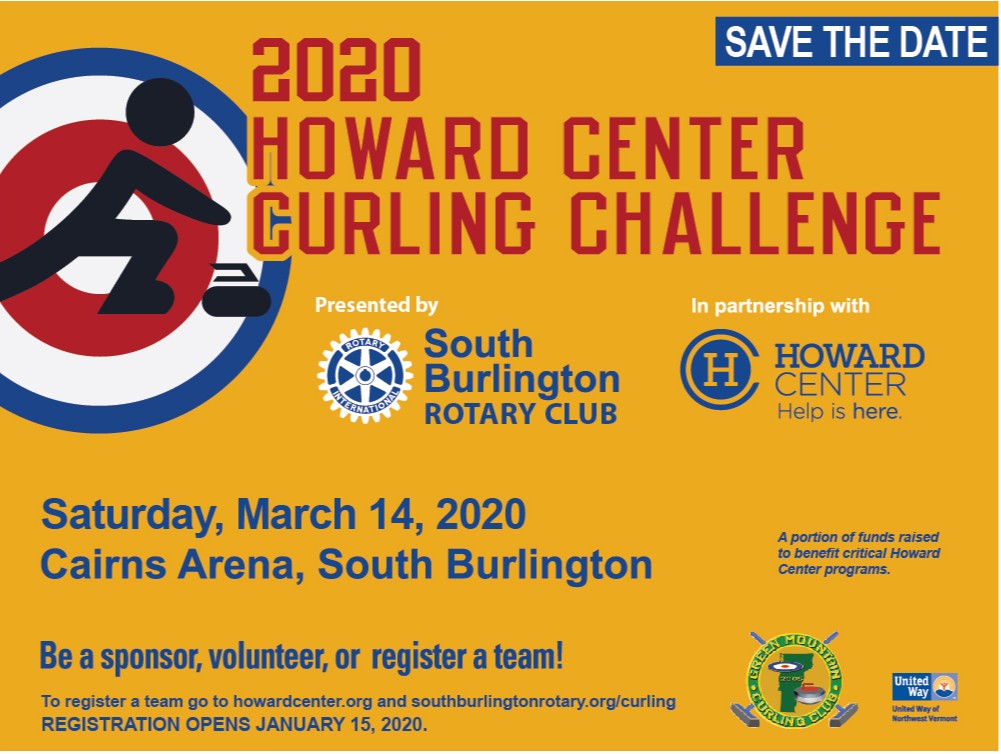 It's almost time to get your team together for the 2020 Howard Center Curling Challenge! Register a team starting January 15. Presented by South Burlington Rotary Club, proceeds to benefit Howard Center. Sponsorships are also available. #curling #btv ow.ly/aX4T50xGNi3