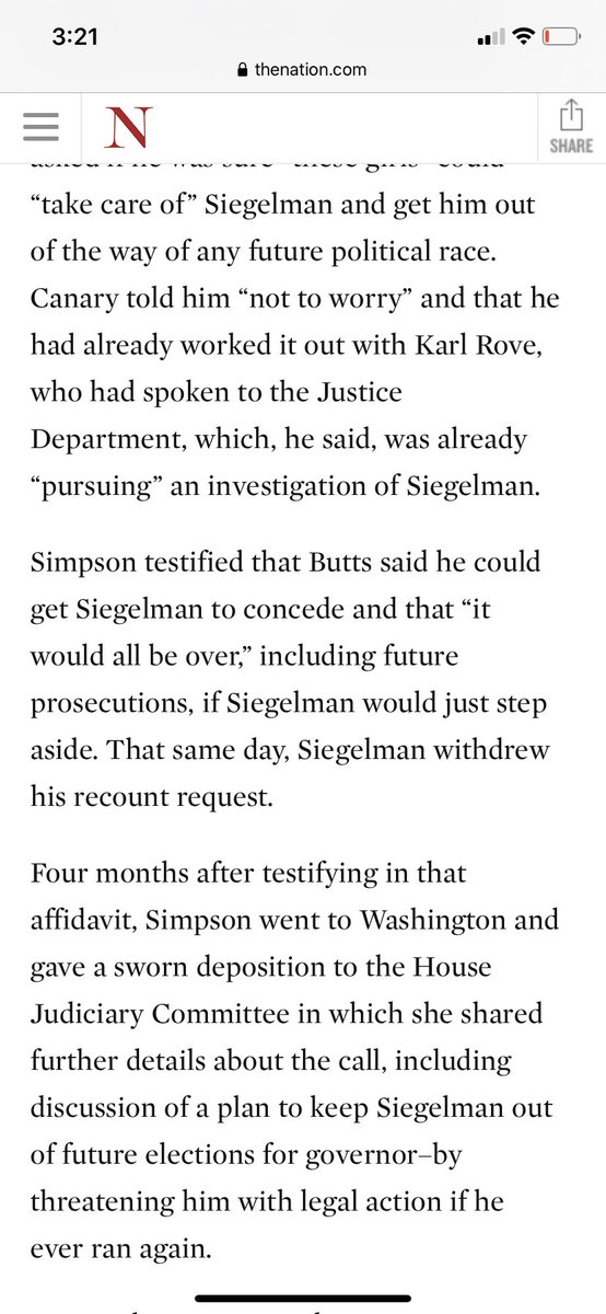 6/ Jill Simpson (whose conscience later got to her) says that, after Riley’s reported “win,” there was a conference call in which Riley operatives discussed threatening Siegelman w/ prosecution on trumped up charges to get him to DROP his recount request.  https://www.thenation.com/article/whistleblowers-tale/