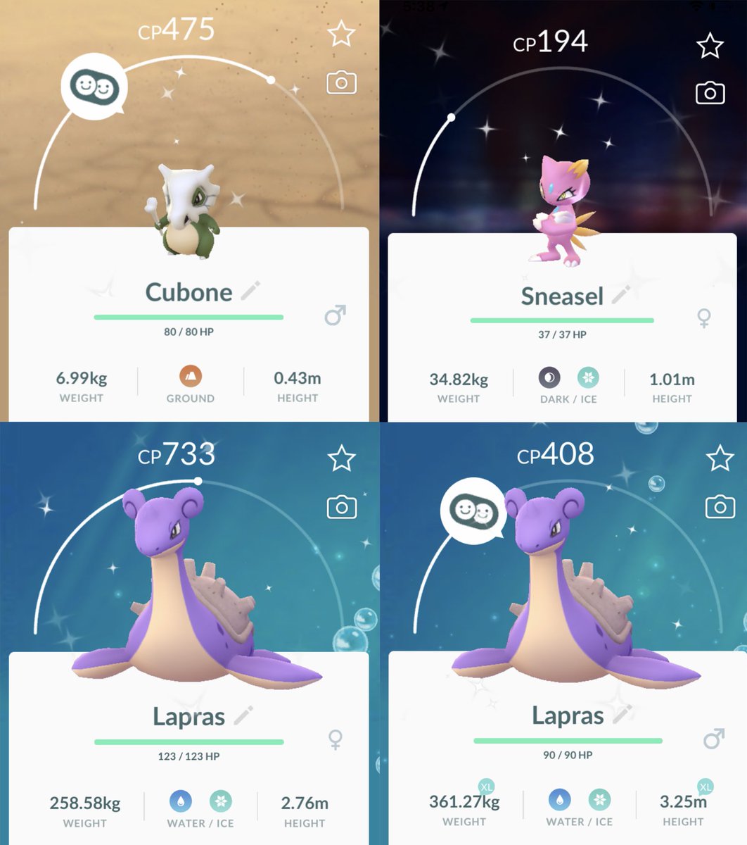 AureliusUltra's tweet photo. Yesterday I caught 4 shinys in 20 mins. Cubone and Sneasel on my main account and both Lapras on my side account. https://t.co/iwMBnZSxmk