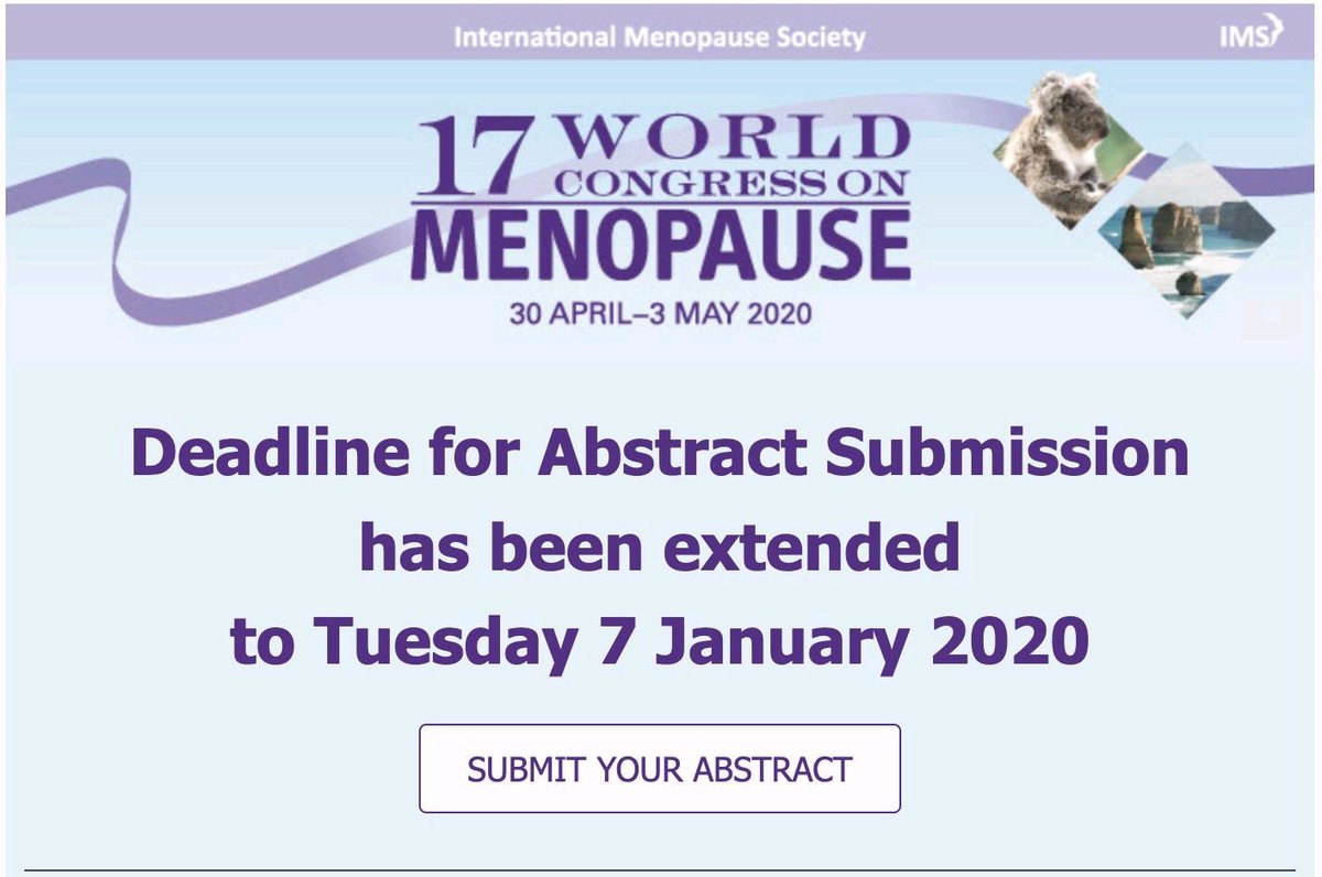 Monash_WHRP's tweet photo. 17th World Congress on Menopause (30 April - 3 May 2020) abstract submission deadline has been extended to Tues 7 January 2020. https://t.co/TyTFd6QWGy