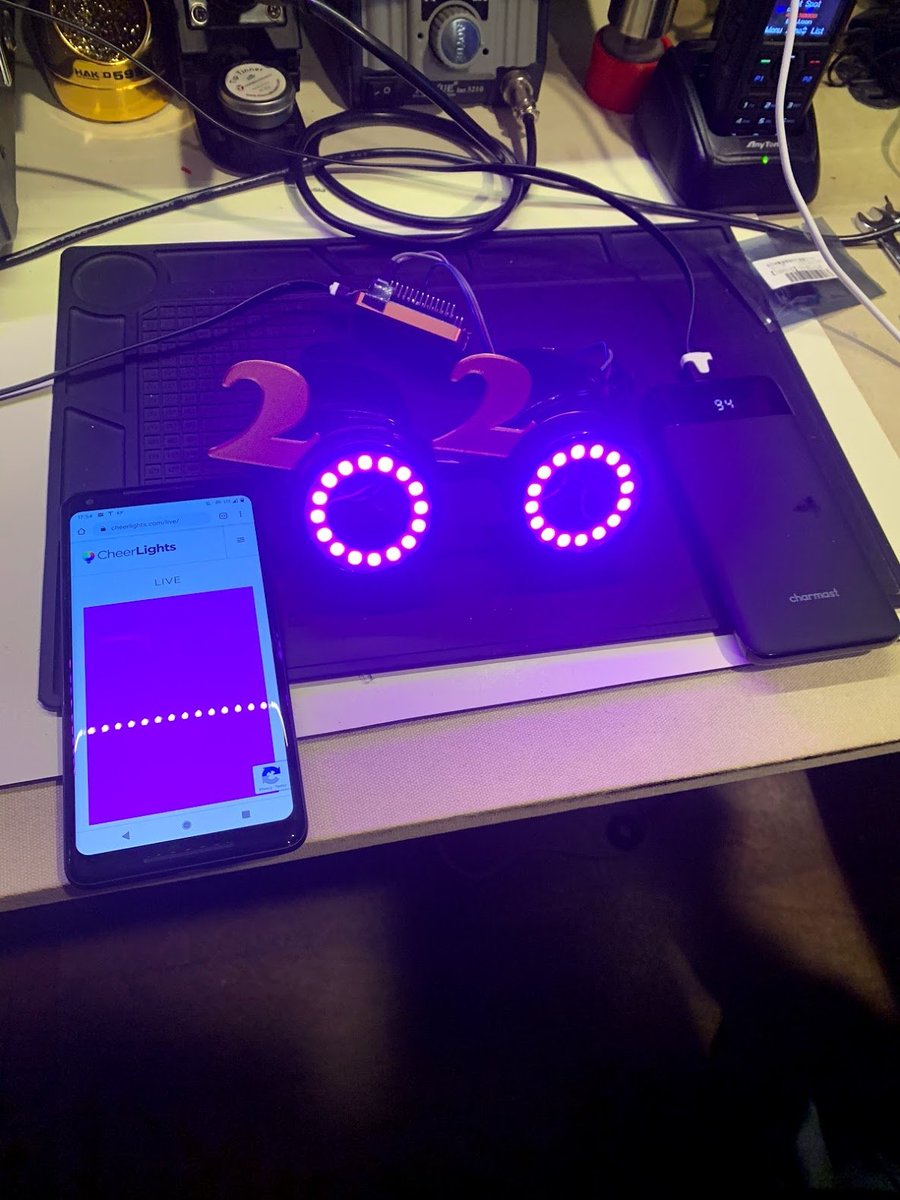 grajohnt's tweet photo. I finished my hare-brained project a full 24 hours early (and after thinking it up this morning)!
Now ready for #NYE2020 with #cheerlight @adafruit neopixel goggles driven by a NodeMCU connected to my phone hot spot. Big battery pack for all-night partying! https://t.co/qxsKm5lCXU